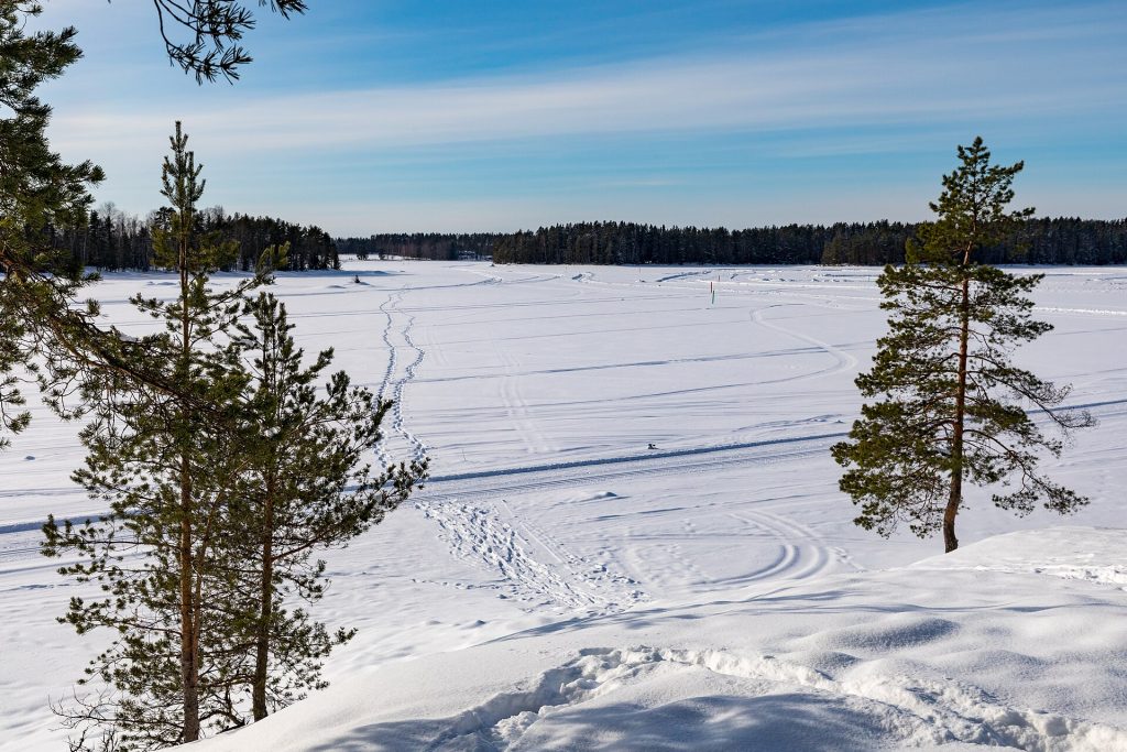 Jäätynyt järvi ja männyt talvella Ähtärissä