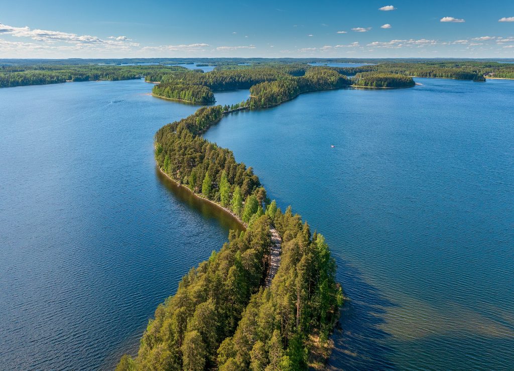 Ilmakuva kapeasta metsäisestä Punkaharjusta kahden järven välissä